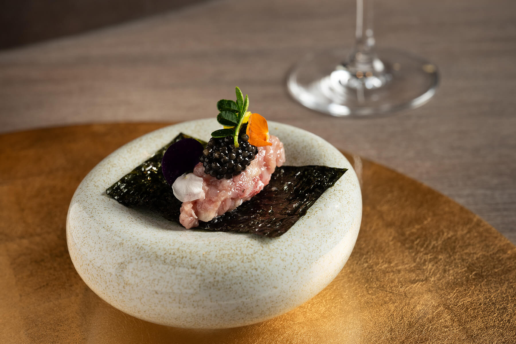 Wagyu tartare with caviar on a nori crisp